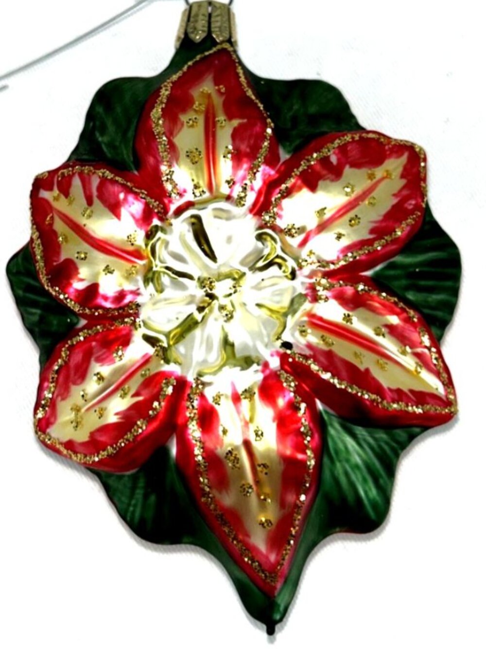 Hawaii Ornament Poinsettia Red Green Blown Glass Handcrafted Double Sided 4.75"